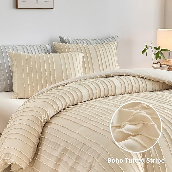 WARMDERN Khaki Boho Duvet Cover Set Queen Size, Striped Textured Tufted Bedding - Image 2