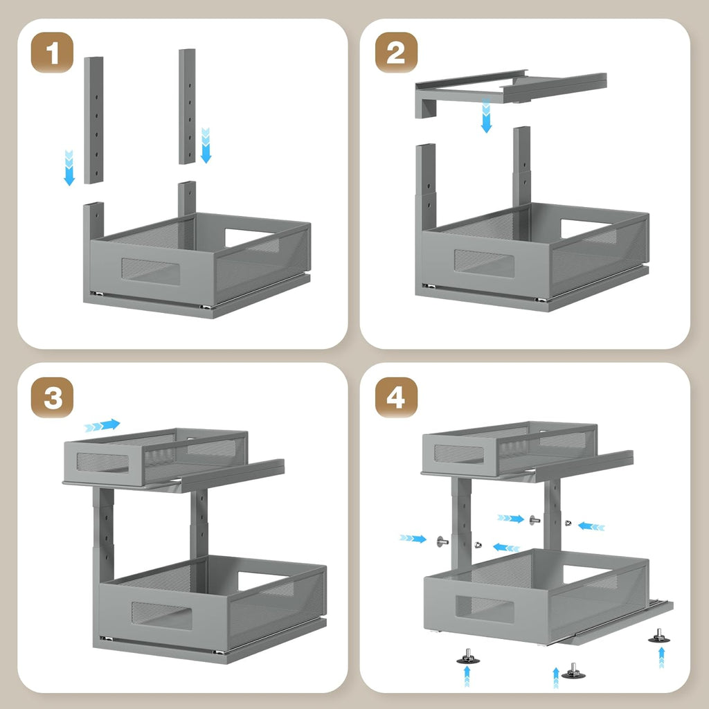 1 Pack 15.74IN-Depth Under Sink Organizer With Next-Gen Ball-Bearing Slides,2-Tier Pull Out Cabinet Storage,Height Adjustable Drawer Shelf for Bathroom,Kitchen,Laundry,Cabinet,Pantry-Gun Gray