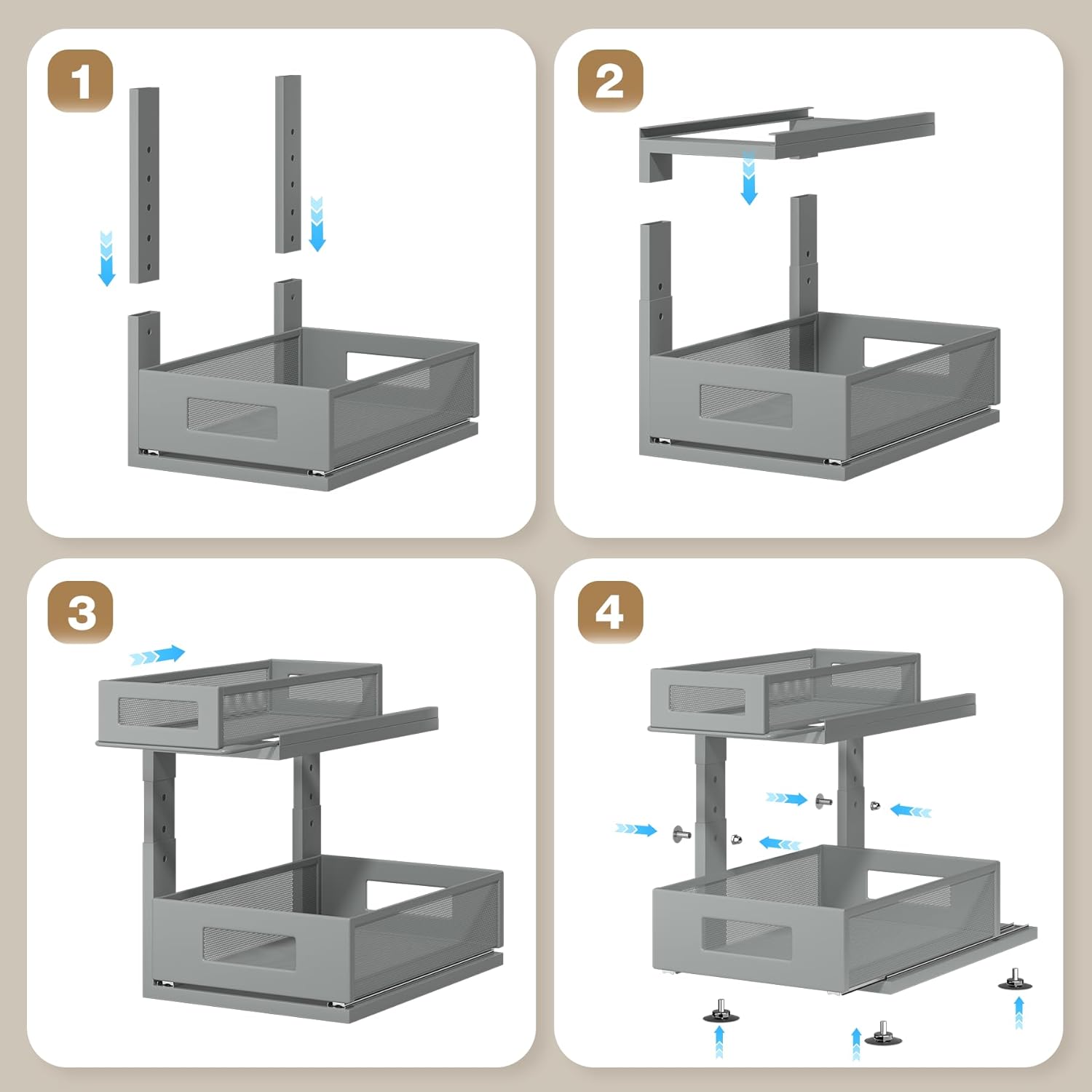 1 Pack 15.74IN-Depth Under Sink Organizer With Next-Gen Ball-Bearing Slides,2-Tier Pull Out Cabinet Storage,Height Adjustable Drawer Shelf for Bathroom,Kitchen,Laundry,Cabinet,Pantry-Gun Gray