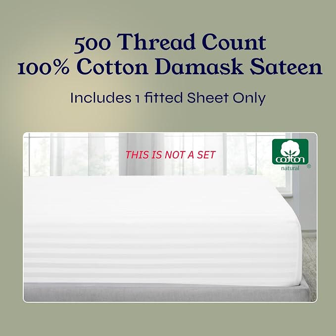 California Design Den Cotton Sateen Damask Stripe Queen Size Fitted Sheet Only - Image 5