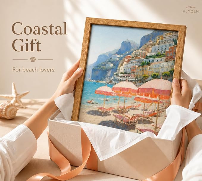 Framed Pink Umbrella Coastal Canvas Wall Art, Beach Scene Painting Picture Wall - Image 8