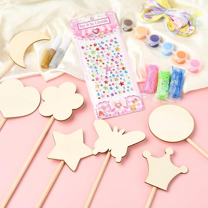 14 pcs Princess Wand Theme Undyed Wooden Cutouts Flower Crown Butterfly Star - Image 6