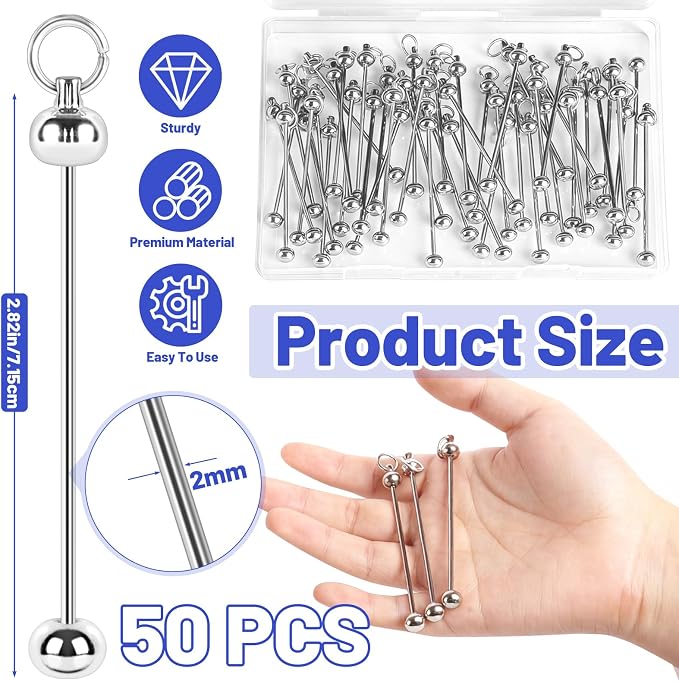 50 PCS Blank Beadable Keychain Bars, Metal DIY Bead Keychain Key Chain Making - Image 2