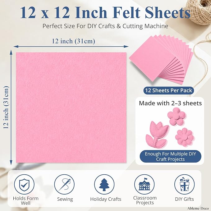 12" x 12" Felt Sheets for Crafts, 2mm Stiff Felt Fabric, Light Pink - Image 3