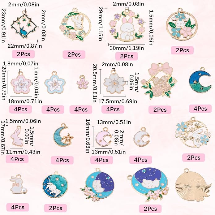 SUNNYCLUE 1 Box 56Pcs 18 Styles Rabbit Charm Flower Charms Bulk Metal Enamel - Image 2