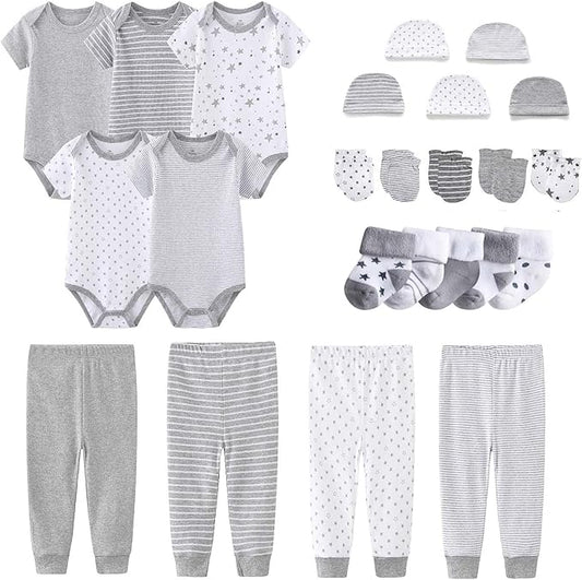 Newborn Layette Gift Set Bodysuits Pants for Baby Girl and Boy 24 Piece 100% Cotton Essentials and Accessories