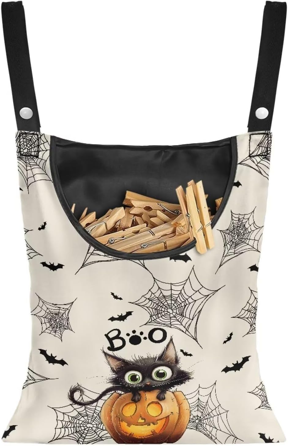 Cute Cat Space-Saving Laundry Clothespin Bag Pumpkin Waterproof Polyester Material, 2 Rope for Hanging and Effortlessly Sliding on The Clothesline Clothespin Holder for Outdoor