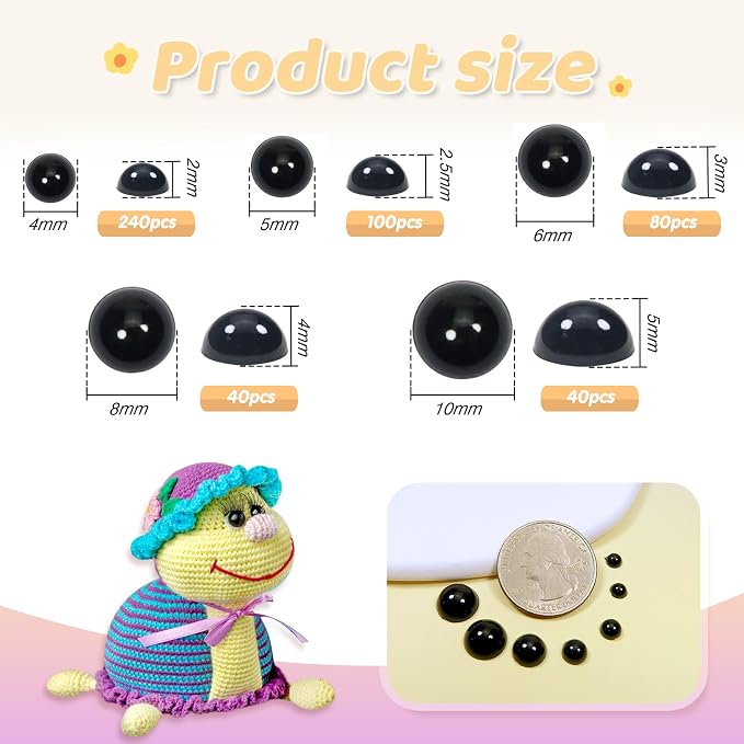 TOAOB 500pcs Round Black Plastic Doll Eyes 4mm 5mm 6mm 8mm 10mm Flatback - Image 2