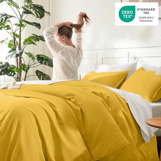 Litanika Mustard Yellow Comforter Set King Size, 3 Pieces Lightweight Solid - Image 4