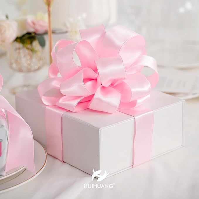 HUIHUANG Pink Satin Wired Ribbon 1-1/2 inch Light Pink Wire Ribbon - Image 3