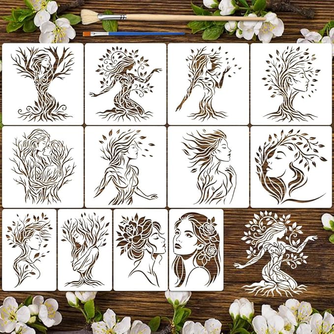 12pcs Tree of Life Stencils for Painting Woman Drawing Stencils for Crafts by Unknown