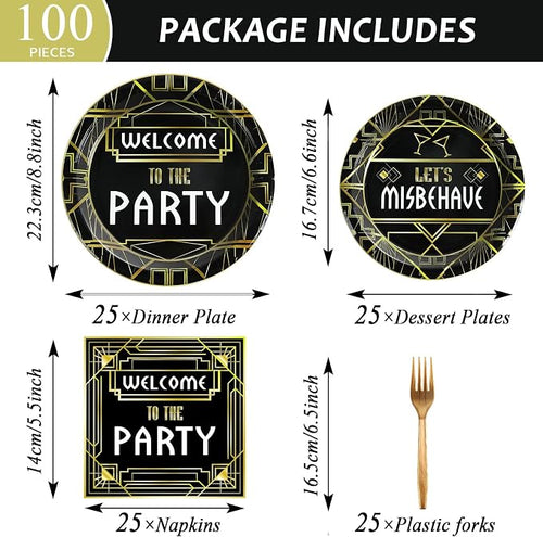 100 Pcs Roaring 1920s Party Decorations, Speakeasy Misbehave Black Gold - Image 2