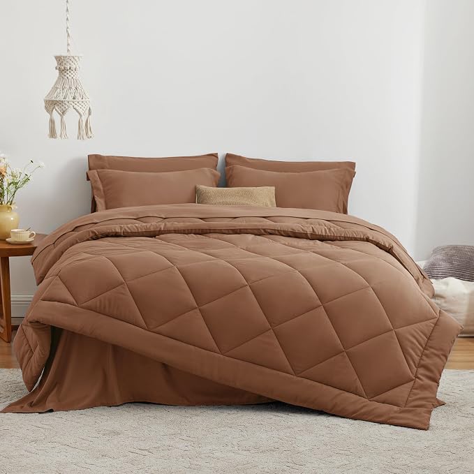 Love's cabin Queen Comforter Set Mocha Mousse, 7 Pieces Queen Bed in a Bag - Image 2