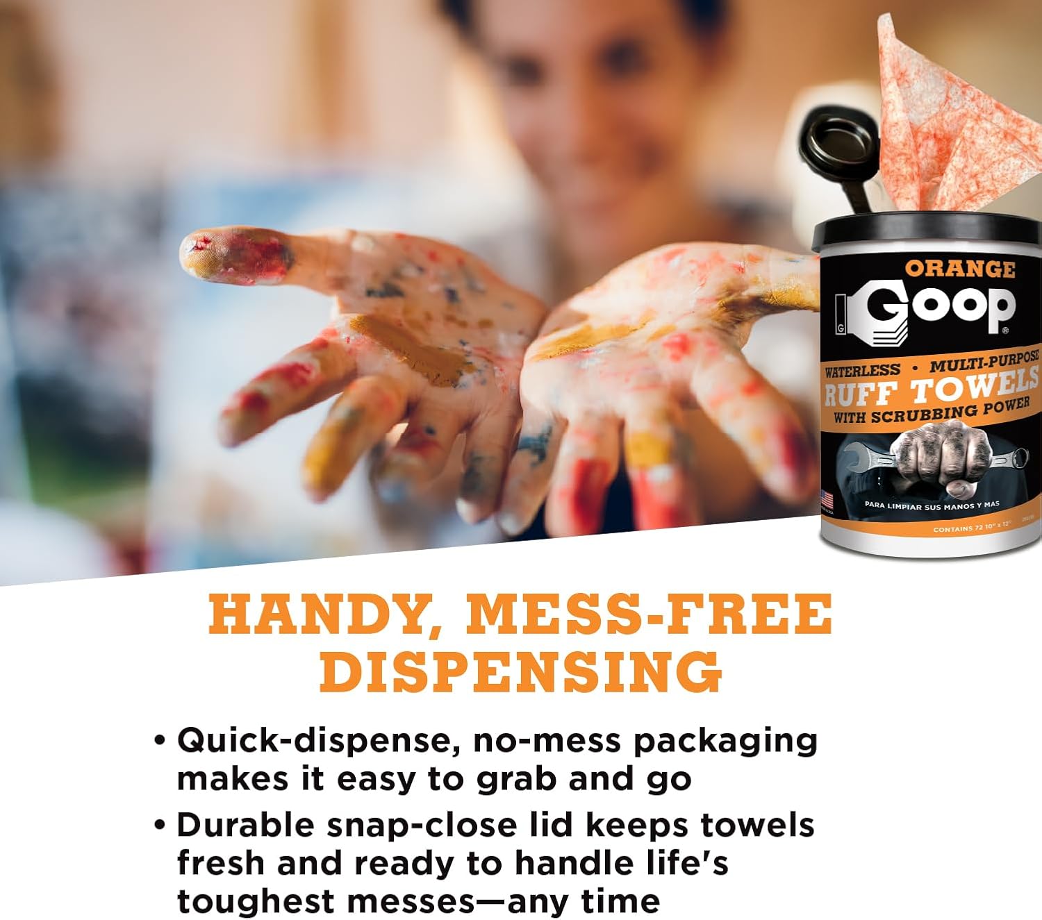 GOOP Orange Heavy Duty Ruff Towels with Scrubbing Power, 10” x 12” Dual Textured Multi-Purpose Cleaning Wipes, Removes Dirt, Grease, Oil, 72 Count (Pack of 2)