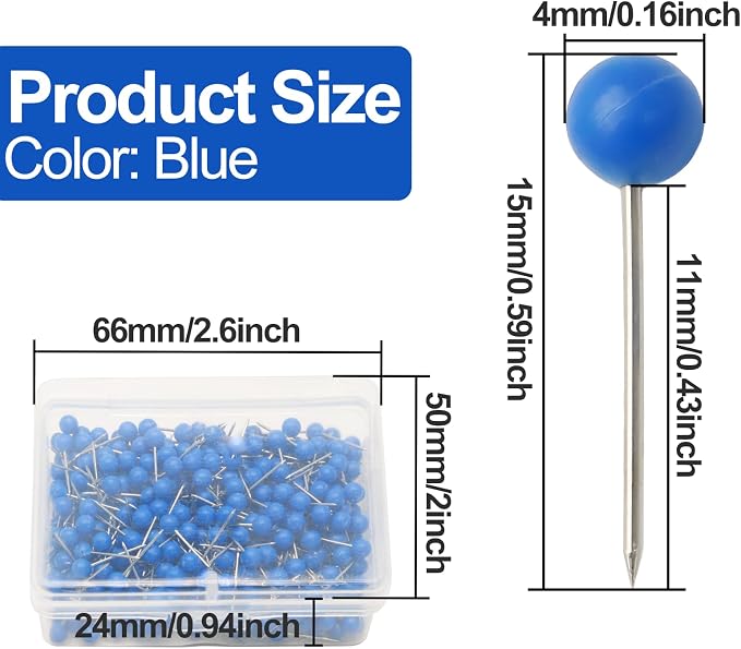 Blue Map Pins, 1/8 Inch, Round Ball Head | Map Tacks, Push Pins - Image 2