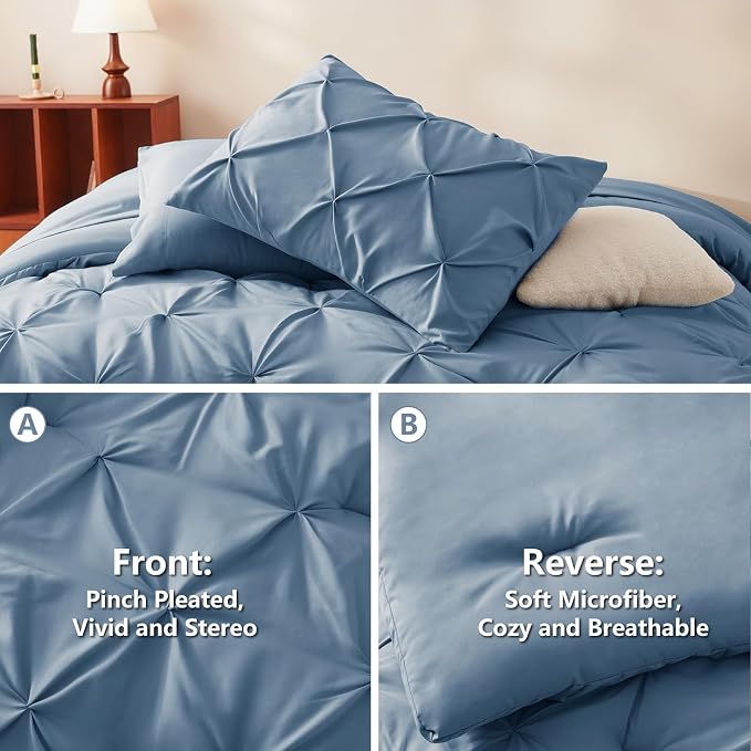 CozyLux Queen Comforter Set Grayish Blue, 7 Pieces Pintuck Bed in A Bag - Image 3