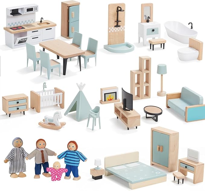 Giant bean 36pcs Wooden Dollhouse Furniture Set 5 Rooms 4 Family Dolls by GIANTBEAN