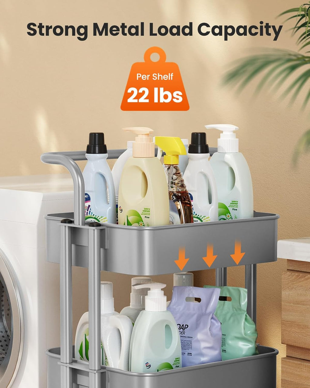 Pipishell 3 Tier Mesh Utility Cart, Rolling Metal Organization Cart with Handle and Lockable Wheels, Multifunctional Storage Shelves for Kitchen Living Room Office Grey