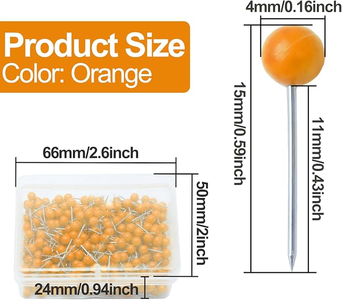 Orange Map Pins, 1/8 Inch, Round Ball Head | Map Tacks, Push Pins - Image 2