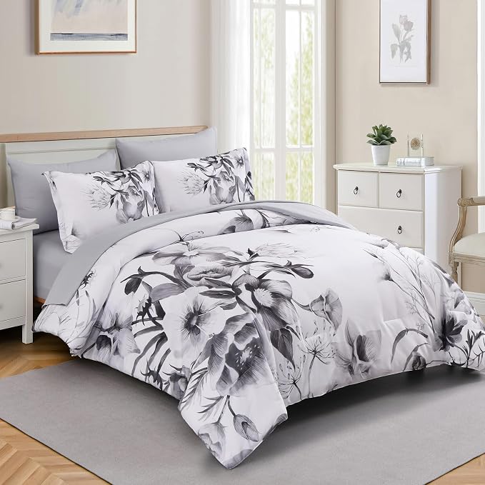 Luxudecor Floral Comforter Set King Size 7 Piece, Elegant Ink Comforter Bedding - Image 2