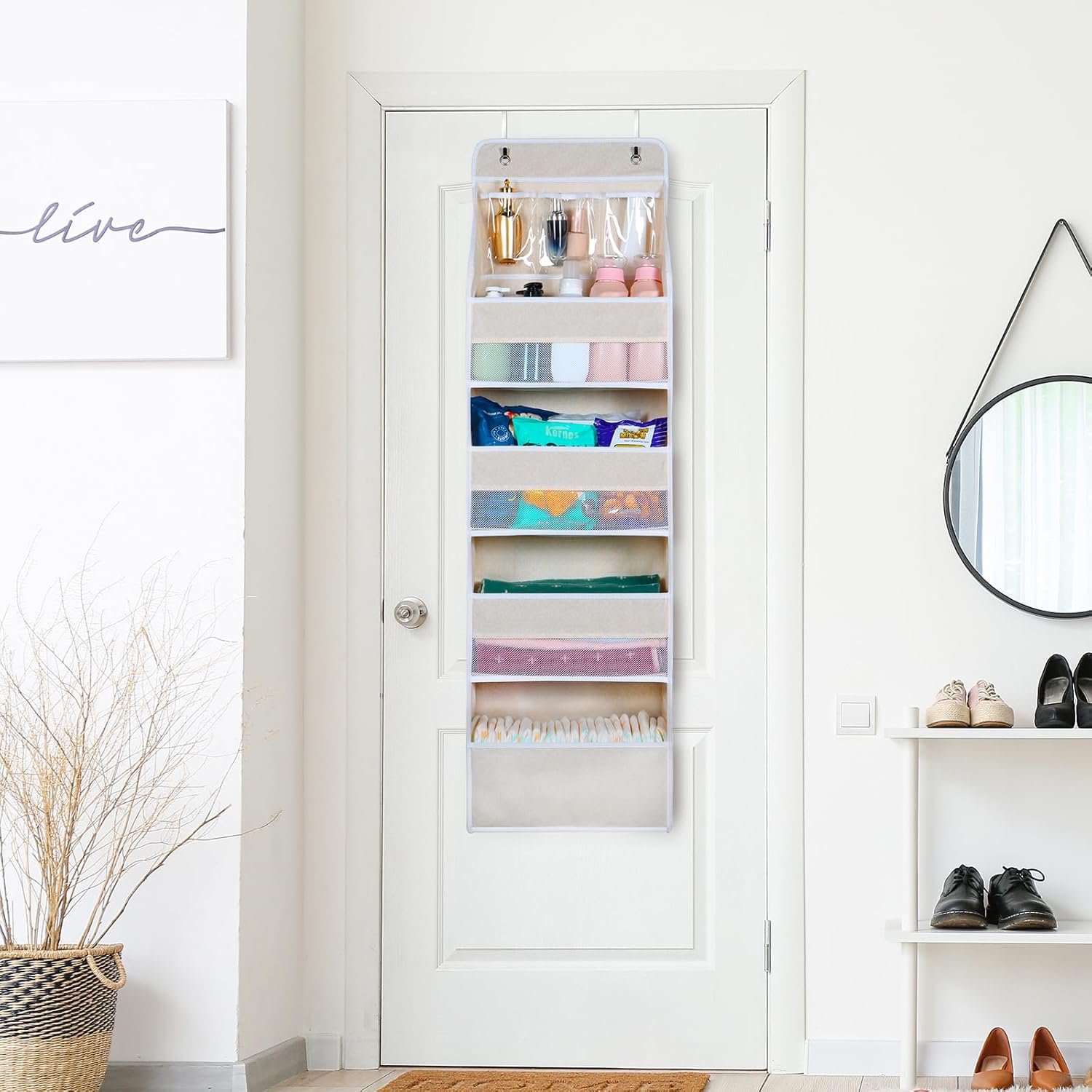Univivi 5-Shelf Over Door Hanging Organizer Fabric Door Storage with 4 Large Pockets and 3 Small PVC Pockets Wall Mount Hanging Storage Organizers for Baby Nursery (Beige Pattern)