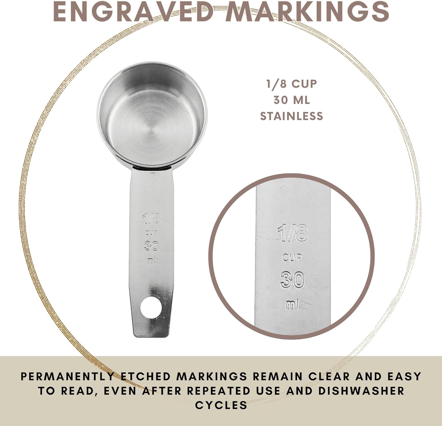 1/8 Cup Stainless Steel Measuring Cup | Sturdy Metal 30 ml | 30 cc | 1 oz | Single Cup for Wet and Dry Ingredients | Great for use as 1/8 Cup Coffee Scoop - 1 PK