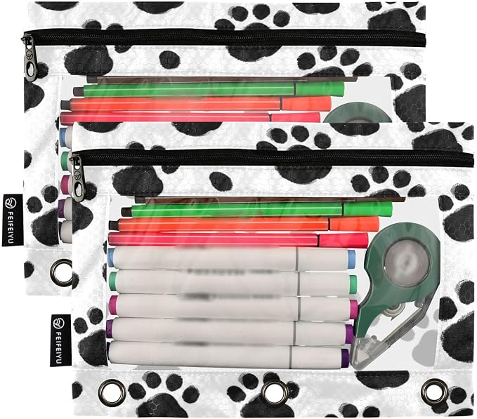 Black Paws Print Pencil Pouch for 3 Ring Binder, 2 Pack Waterproof Pencil Bags - Image 2