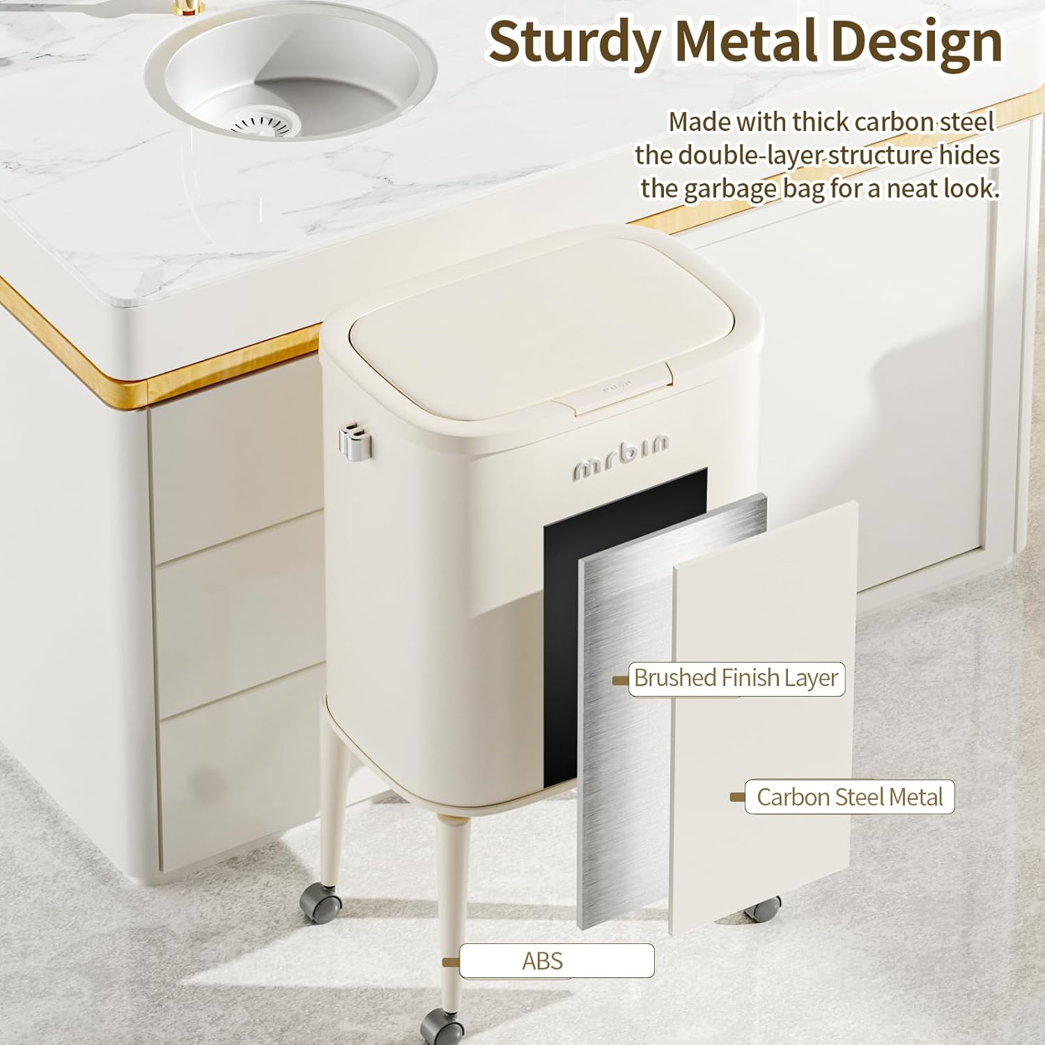 MRBIN Metal Kitchen Trash Can with Wheel Legs, 36L / 9.5gal Medium Press Lid Slim Waste Basket, Pet Proof Tall Narrow Garbage Pail for Vanity, Bedroom, Bathroom, Living Room, Sunflower