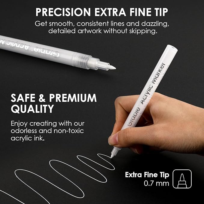 Grabie 6 White Acrylic Paint Markers, 0.7mm Extra Fine Tip Acrylic Paint Pens - Image 3