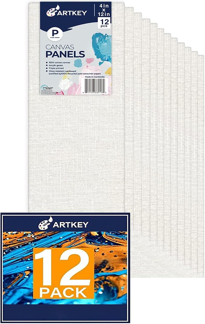 Artkey Canvas Panels 4x12 Inch 12-Pack, 10 oz Primed 100% Cotton White Blank by Artkey