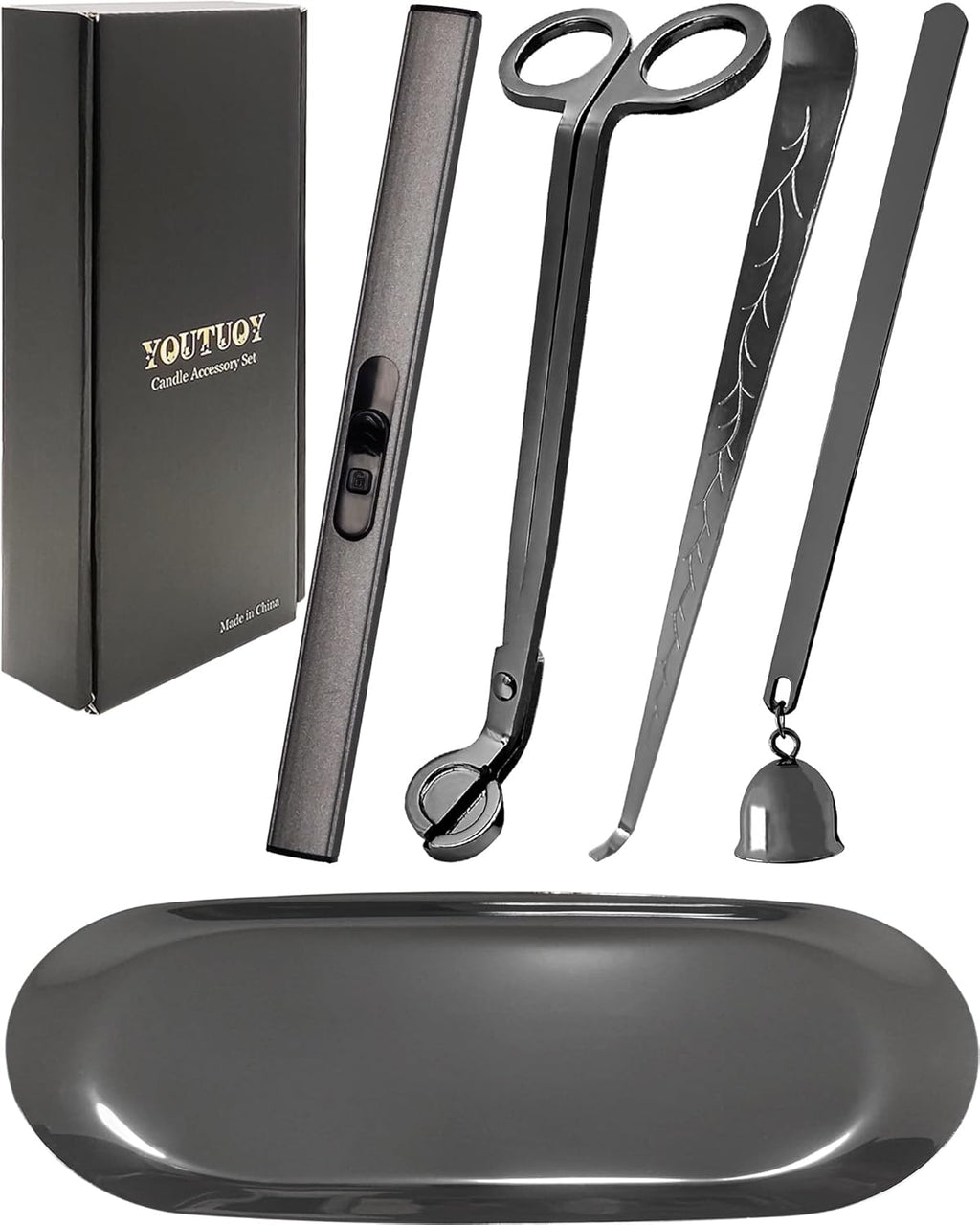 5 in1 Candle Accessory Set with Rechargeable Candle Lighter, Candle Wick Trimmer, Candle Wick Snuffer, Candle Wick Dipper, Storage Tray Plate, Candle Care Kit (Silver Black)