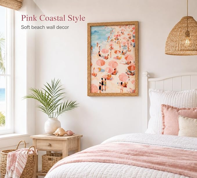 Framed Pink Beach Umbrella Canvas Wall Art, Coastal Painting Picture Wall Decor - Image 2