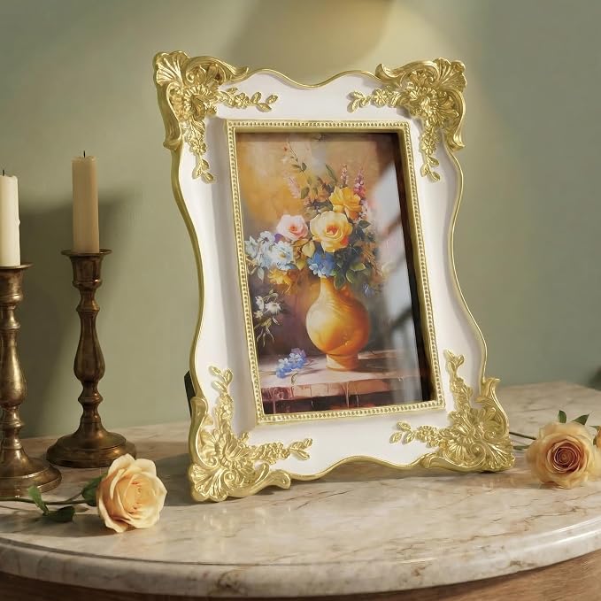 Cuspin 5x7 Picture Frame White and Gold Frames, Vintage Decorative Resin Photo - Image 3