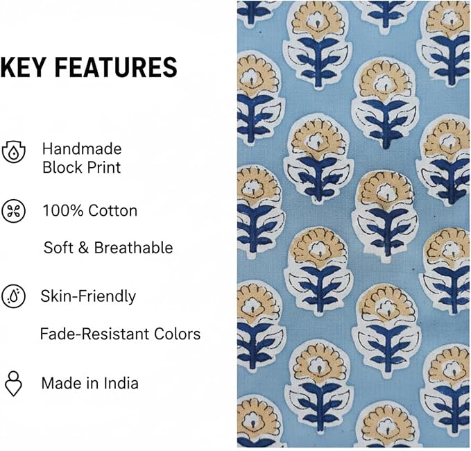 E-Tailor® Hand-Block Printed Pre-Cut Floral Cotton Fabric - Image 2