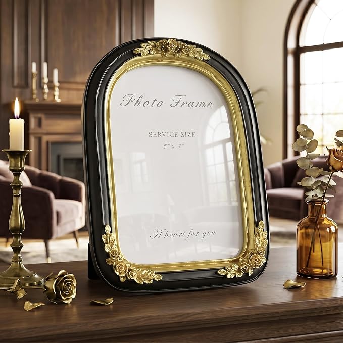 Cuspin Vintage 5x7 Picture Frame Black and Gold, Ornate Arched Resin Photo Frame - Image 8