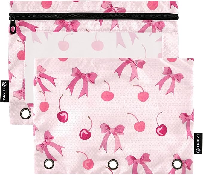 Pink Bows Cherry Pencil Pouch for 3 Ring Binder, 2 Pack Waterproof Pencil Bags by BOENLE-WELCOMEYOURCOMING