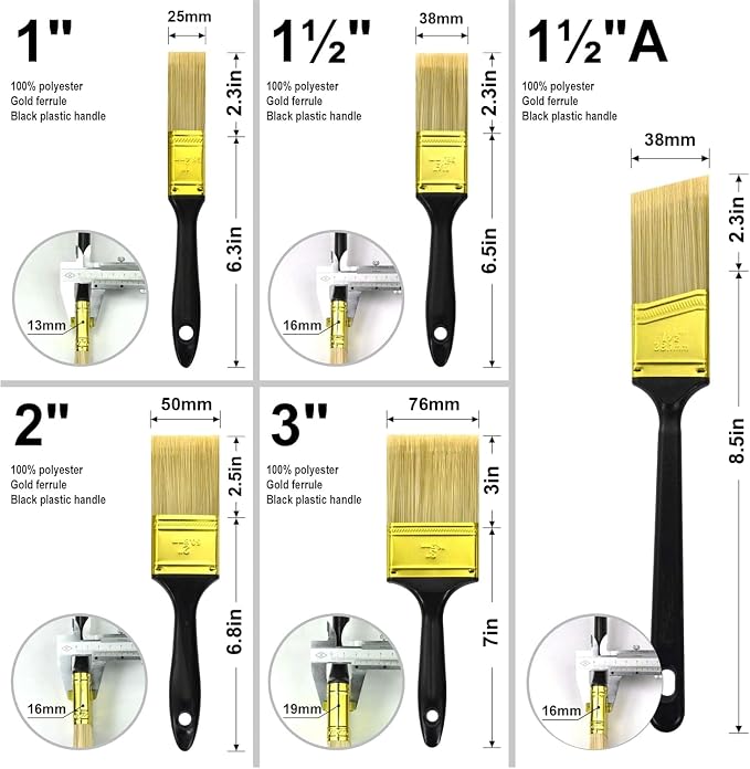Great Andrew Paint Brushes, 5 Pack 1" 1.5" 2" 3" Flat 1.5" Angled | Paint Brush - Image 4
