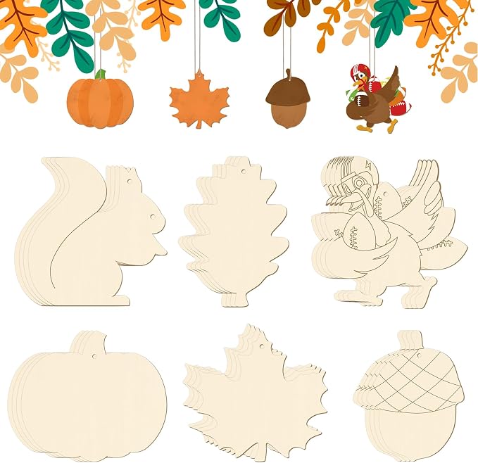 24 PCS Unfinished Wooden Thanksgiving Crafts, Pumpkin Turkey Shaped Hanging by Sereliy