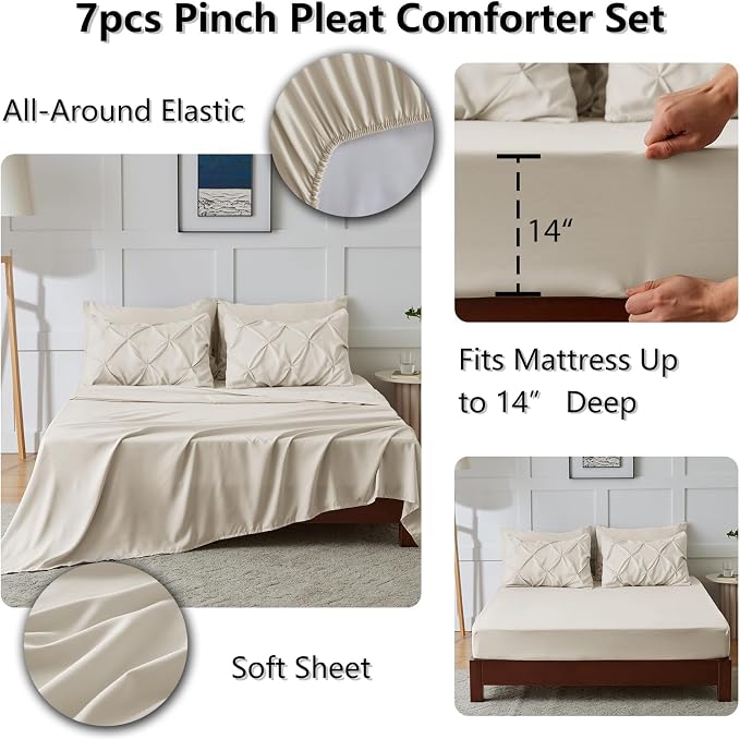 CozyLux Oversized Queen Comforter Sets Beige, 7 Pieces Oversized Queen Pintuck - Image 6