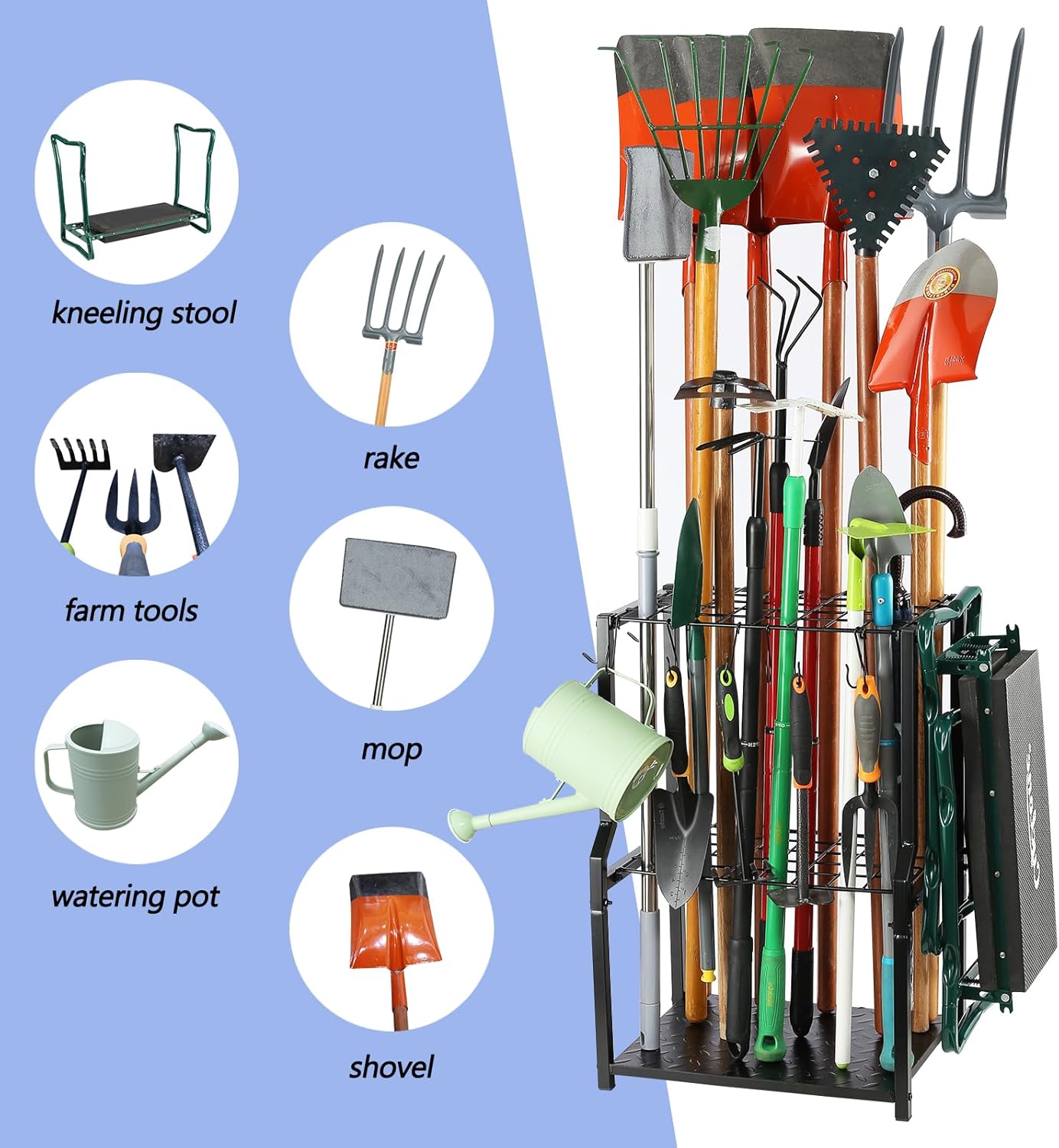 Garden Tool Organizer,Yard Tool Rack Heavy Duty,Free Standing for Garage Corner,Garage Organization,Garage Organizers and Storage,Garden Tool Holder for Lawn,Shed,Outdoor,Metal