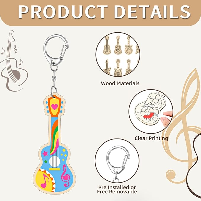 RattanView 24 Pcs Guitar Craft Color Your Own Keychains DIY Craft Wooden Blank - Image 3