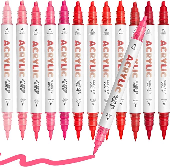 Red Series Acrylic Paint Pens, Water Based 12 Colors Dual Tip Acrylic Paint by DIYChristmasGiftSupplies