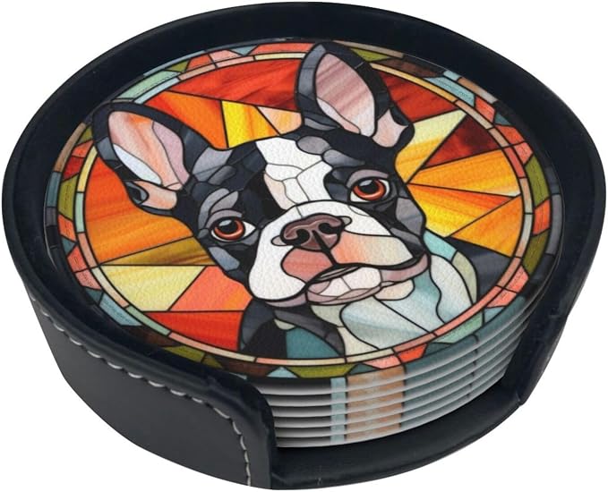 Drink Coaster Set of 6, Boston Terrier Dog Mom Lover Gift, Leather Drink by petloverdoglovercommunity
