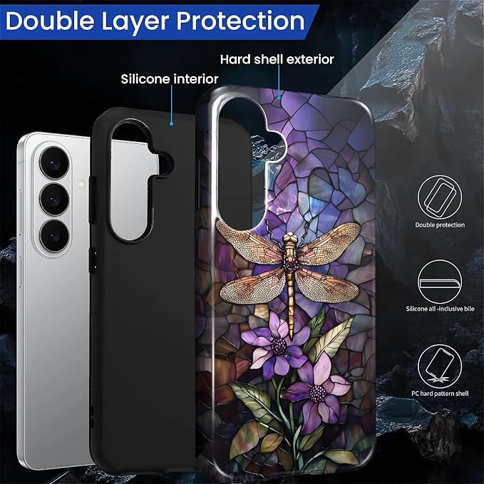 for Samsung Galaxy S26+ Case, Stained Glass Dragonfly Pattern Glossy 2 in 1 - Image 6