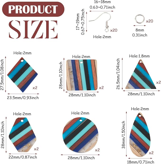 FASHEWELRY Striped Resin Wood Earrings Charms Cyan Rhombus Teardrop Flat Round - Image 7