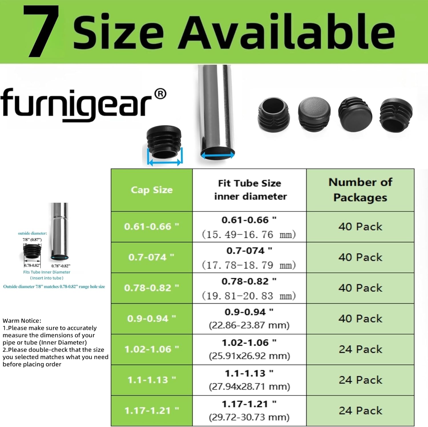 Furnigear Plastic Plugs Tubing End Caps Chair End Caps 7/8" Outside Bottom Round Tubing Caps Round Furniture Sliders Glides Black (Fit 0.78-0.82" Tube Inner Diameter, 40pack)