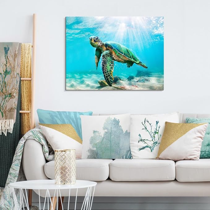 JAPO ART Green Sea Turtle Wall Art Submarine Picture Blue Ocean Animal Painting - Image 4