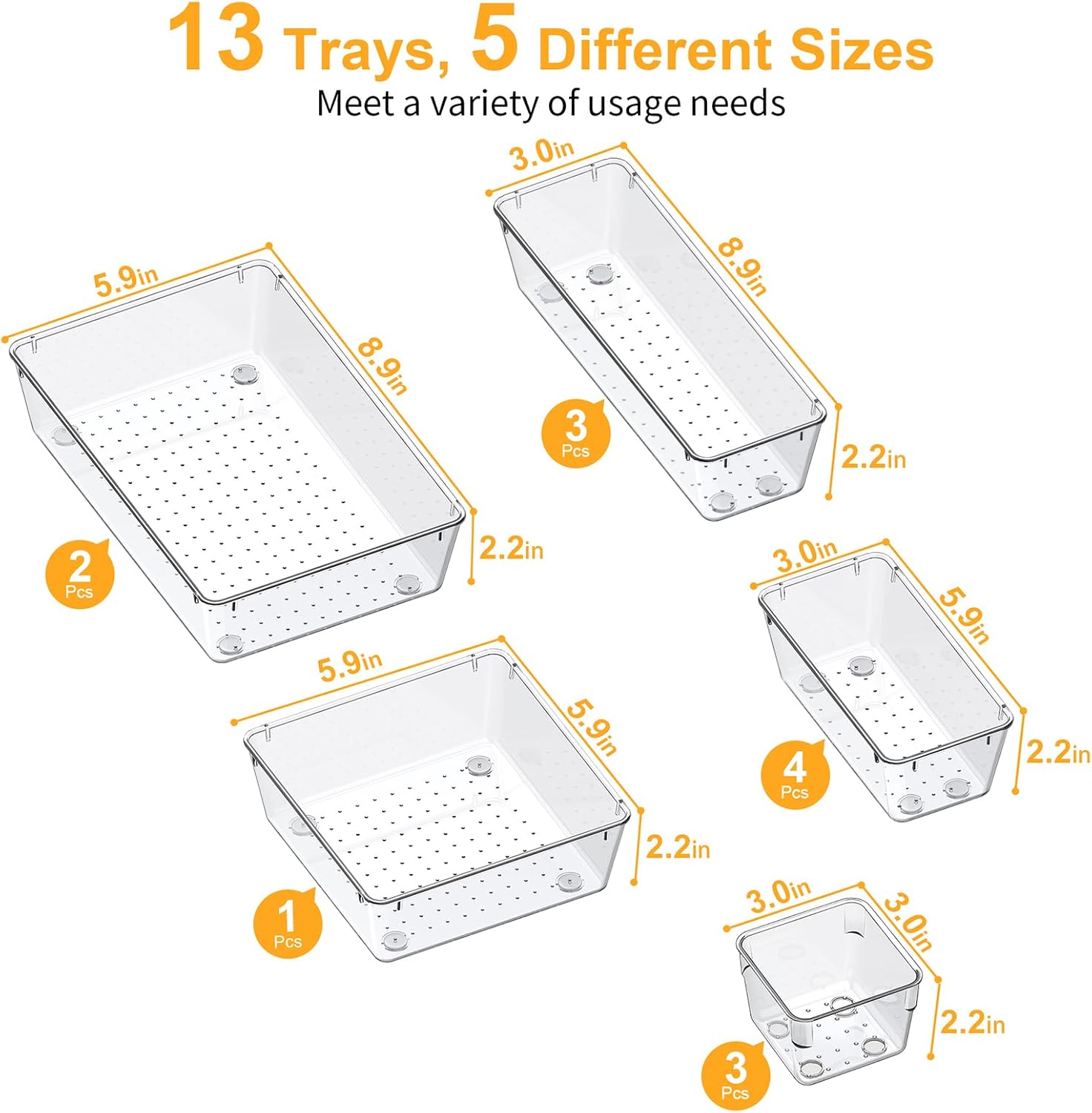 SMARTAKE 13-Piece Drawer Organizers with Non-Slip Silicone Pads, 5-Size Desk Bathroom Drawer Organizer Trays Storage Tray for Makeup, Jewelries, Utensils in Bedroom Dresser, Office and Kitchen, Clear