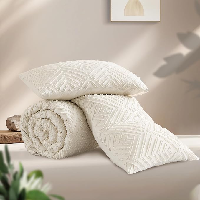 Andency Beige Boho Full Size Comforter Set, 3 Pieces Chevron Tufted Farmhouse - Image 3