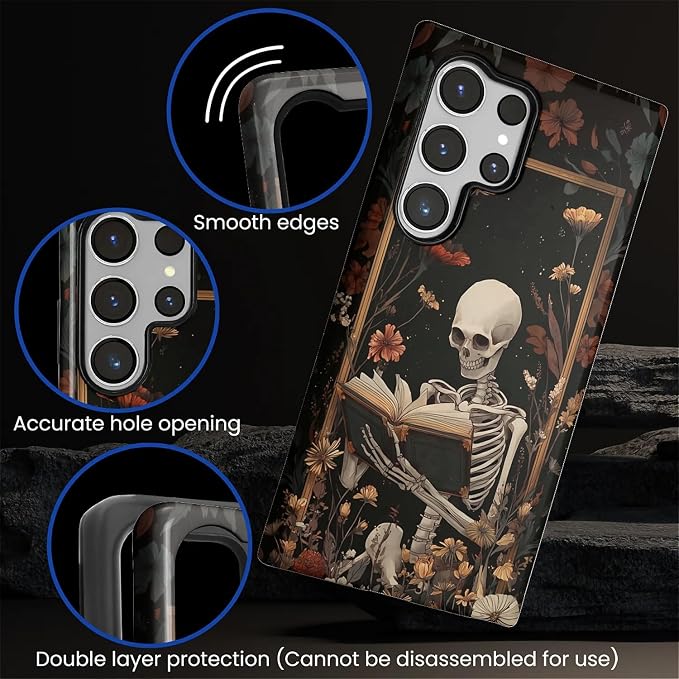 Case for Samsung Galaxy S23 Ultra Case, Skeleton Reader Goth Floral Design - Image 5